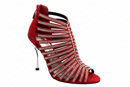 Sandalo a tronchetto donna ELSY Plus Wish Dance Shop in raso nero con Swarovski boreali e tacco a spillo laminato argento.
