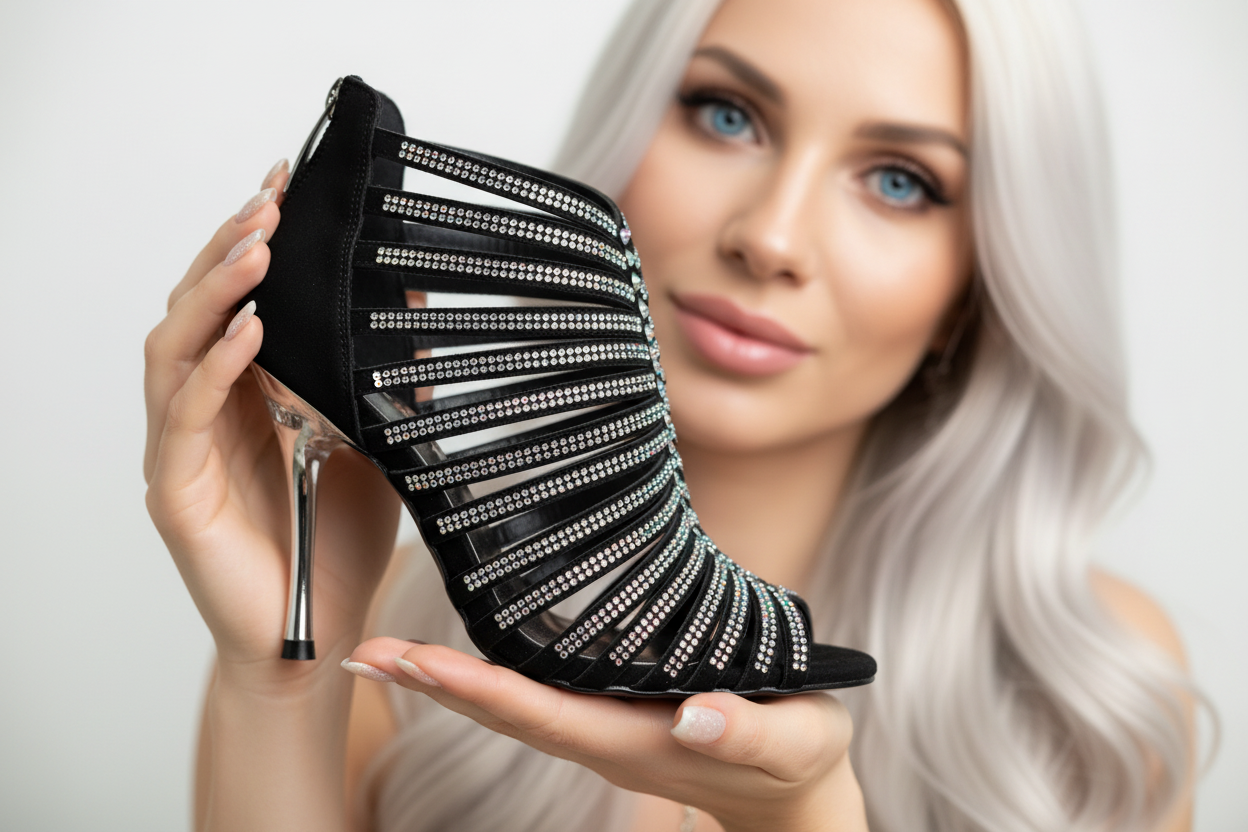 Sandalo a tronchetto donna ElsY Plus L7 in raso nero con Swarovski Boreali, tacco a spillo laminato argento, Wish Dance Shop