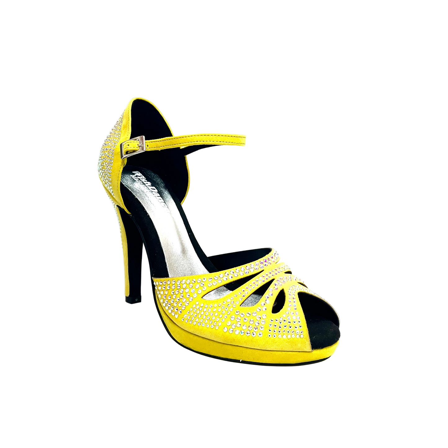 Scarpa da ballo Alexa Wish Dance Shop, camoscio giallo fluò con Swarovski Boreali, tacco alto, suola larga e design confortevole