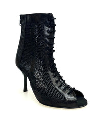 Load image into Gallery viewer, CONNY Fish Black (Art. 130) - Sandalo Mezzo Stivaletto con Zip in Fish Nero e Rete Nera Glitterata Tacco a Stiletto squadrato Smaltato Nero
