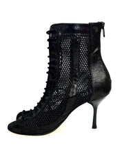 Load image into Gallery viewer, CONNY Fish Black (Art. 130) - Sandalo Mezzo Stivaletto con Zip in Fish Nero e Rete Nera Glitterata Tacco a Stiletto squadrato Smaltato Nero
