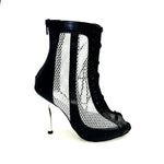 Load image into Gallery viewer, CONNY Black/Silver (Art. 130) - Sandalo Mezzo Stivaletto con Zip in Pelle Nera e Rete Glitterata Argento Tacco a Spillo Laminato Argento
