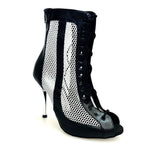 Load image into Gallery viewer, CONNY Black/Silver (Art. 130) - Sandalo Mezzo Stivaletto con Zip in Pelle Nera e Rete Glitterata Argento Tacco a Spillo Laminato Argento
