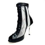 Load image into Gallery viewer, CONNY Black/Silver (Art. 130) - Sandalo Mezzo Stivaletto con Zip in Pelle Nera e Rete Glitterata Argento Tacco a Spillo Laminato Argento
