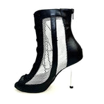 Load image into Gallery viewer, CONNY Black/Silver (Art. 130) - Sandalo Mezzo Stivaletto con Zip in Pelle Nera e Rete Glitterata Argento Tacco a Spillo Laminato Argento
