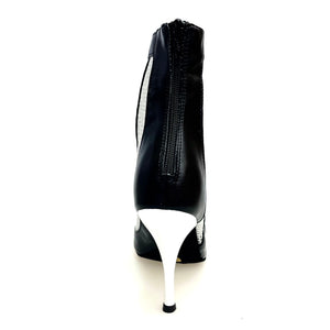 CONNY Black/Silver (Art. 130) - Sandalo Mezzo Stivaletto con Zip in Pelle Nera e Rete Glitterata Argento Tacco a Spillo Laminato Argento