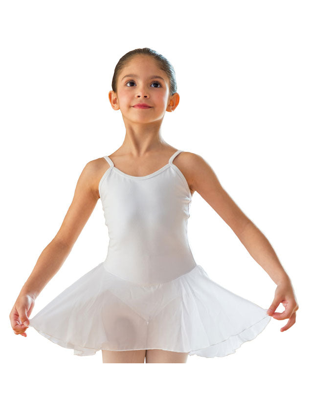 Body danza classica Aurora (RD) per bambina, cotone elastico e chiffon, con bretellina sottile e applicazione cucita sul petto.
