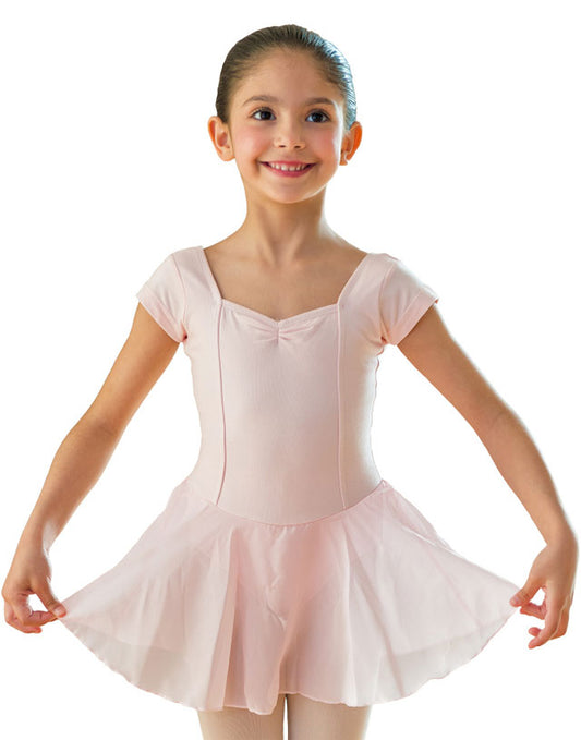 Pachita per bambina in cotone elastico con gonnellino in chiffon, mezza manica corta, fodera microfibra e applicazione cucita.