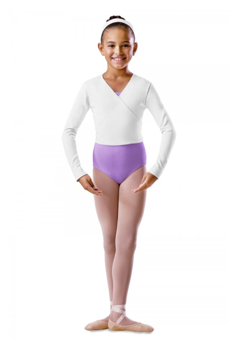 Scaldacuore incrociato in morbido cotone lycra bianco per bambina, manica lunga, marca Wish Dance Shop.