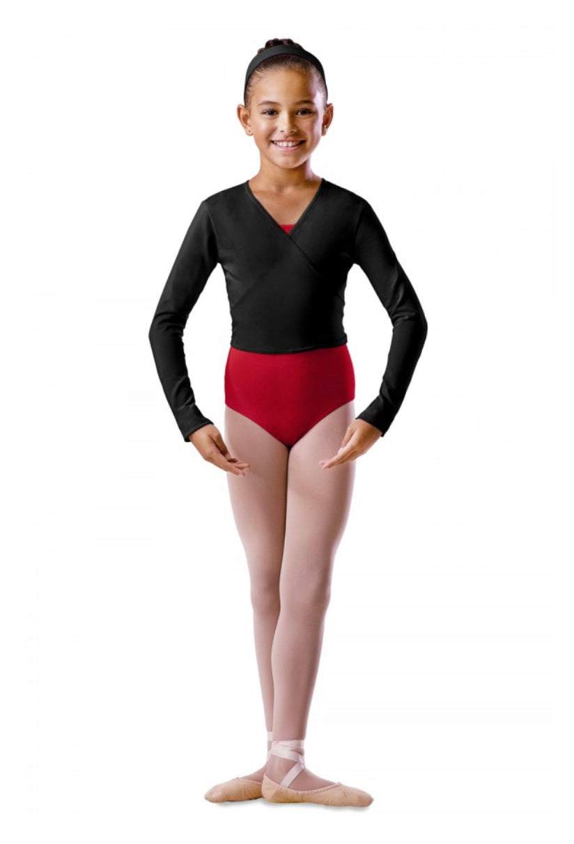 Scaldacuore bambina Silvya (RD) in morbido cotone lycra nero con maniche lunghe, vestibilità incrociata, Wish Dance Shop