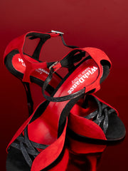 Carica immagine nella Galleria, Morgane Scarlett (691) - Sandalo da Donna in Camoscio Rosso con Fascette in Glitter Nero e Tacco a Spillo Smaltato Nero
