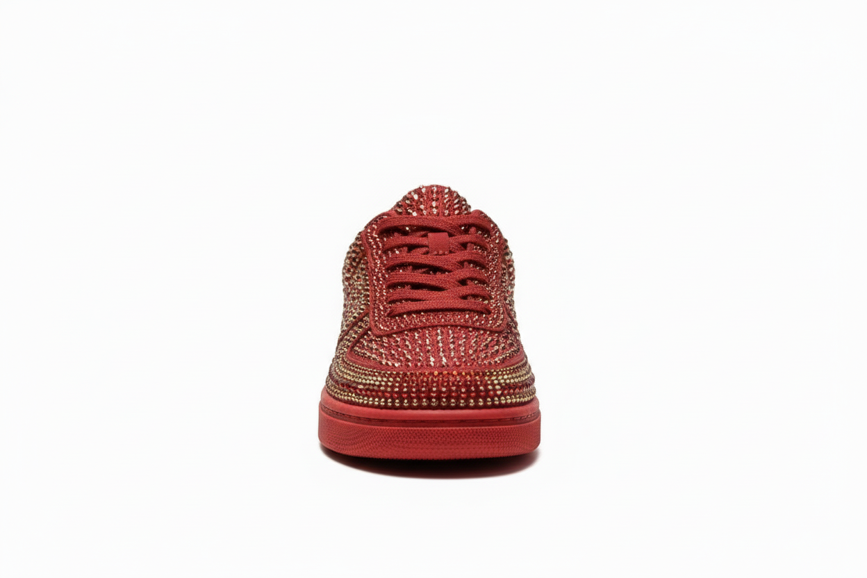 Sneaker Rubin De Lux Wish Dance Shop in camoscio vegan, Swarovski Boreali, suola rossa in gomma e resina, dettagli tecnici.