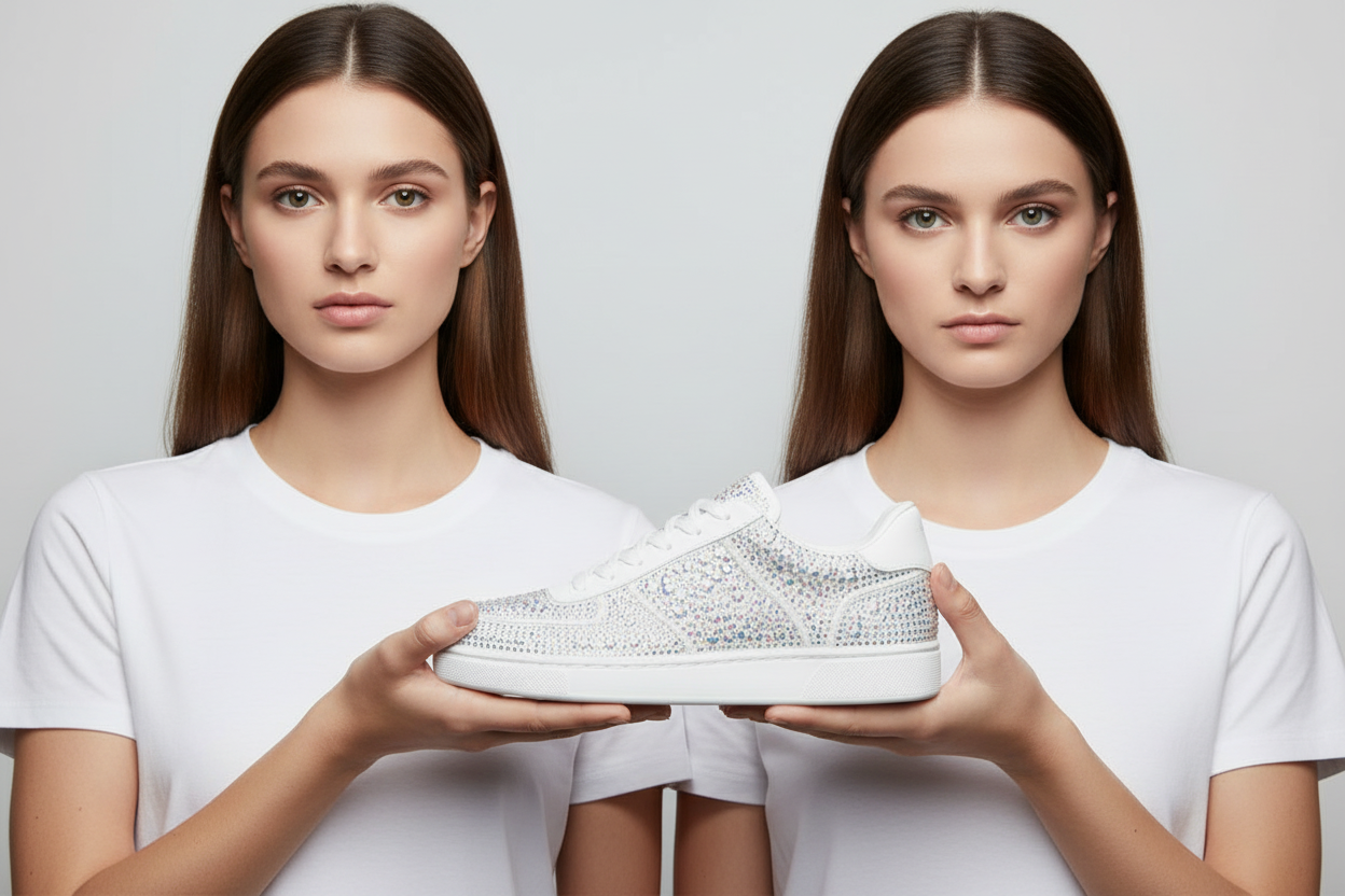 Sneaker Rubin De Lux Wish Dance Shop in camoscio vegan con Swarovski Boreali, suola rossa in gomma e resina, dettagli in cerchi rossi