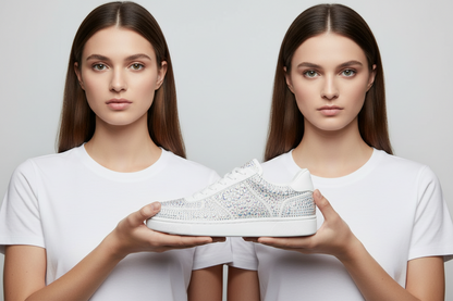 Sneaker Rubin De Lux Wish Dance Shop in camoscio vegan con Swarovski Boreali, suola rossa in gomma e resina, dettagli in cerchi rossi