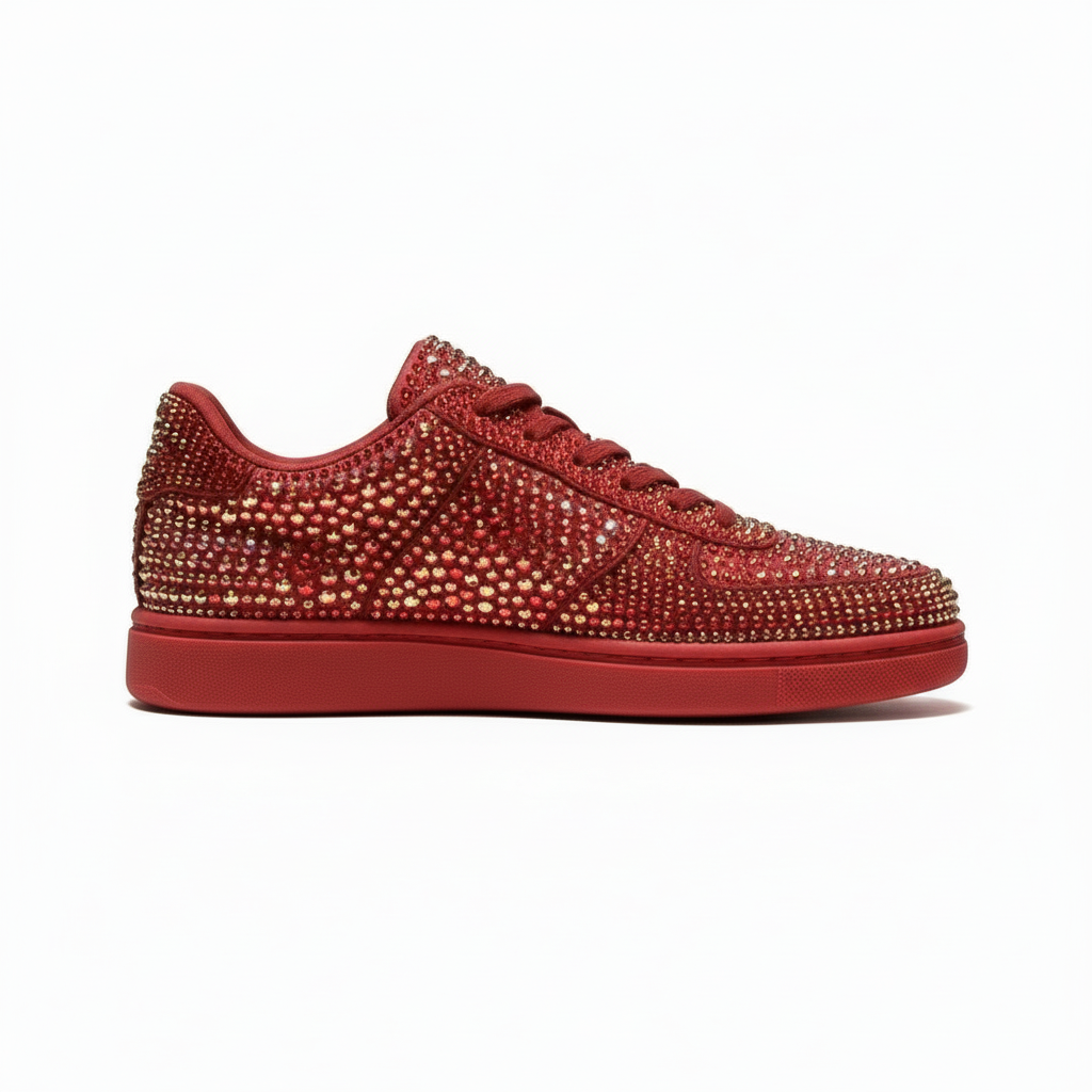 Sneaker Rubin De Lux Wish Dance Shop in camoscio vegan con Swarovski Boreali, suola rossa in gomma e resina tecnica, dettagli rossi.