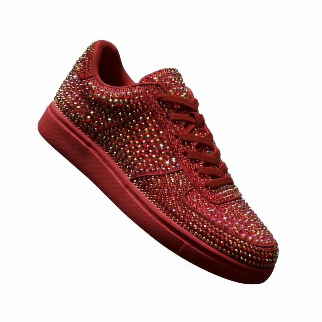 Sneaker Rubin De Lux Wish Dance Shop in camoscio vegan con Swarovski Boreali, suola rossa in gomma e resina tecnica.