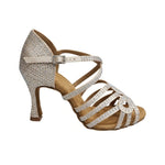 Carica immagine nella Galleria, NORA Dreams Gold ( L2576S ) - Scarpa da Ballo da Donna in Raso Oro Flash cinturino incrociato alla Caviglia con Strass Boreali Tacco a Rocchetto
