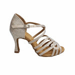 Carica immagine nella Galleria, NORA Dreams Gold ( L2576S ) - Scarpa da Ballo da Donna in Raso Oro Flash cinturino incrociato alla Caviglia con Strass Boreali Tacco a Rocchetto
