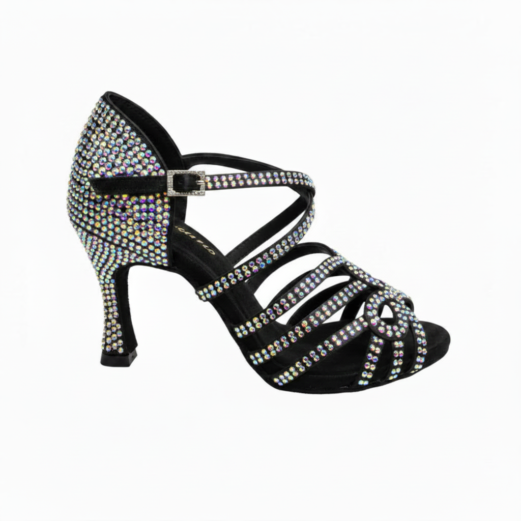 Scarpa da ballo donna NORA Dreams Gold Wish Dance Shop in raso oro con cinturino incrociato, strass e tacco a rocchetto.