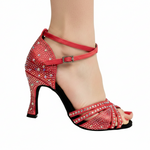 Carica immagine nella Galleria, LULY Dreams Red ( L3/L640 ) - Scarpa da Ballo da Donna in Raso Rosso cinturino incrociato alla Caviglia con Strass Boreali Tacco a Rocchetto
