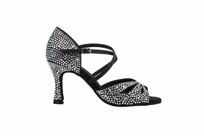 Scarpa da donna in raso nero FLAVIA Dreams Deluxe con strass boreali e tacco a rocchetto, elegante e brillante.