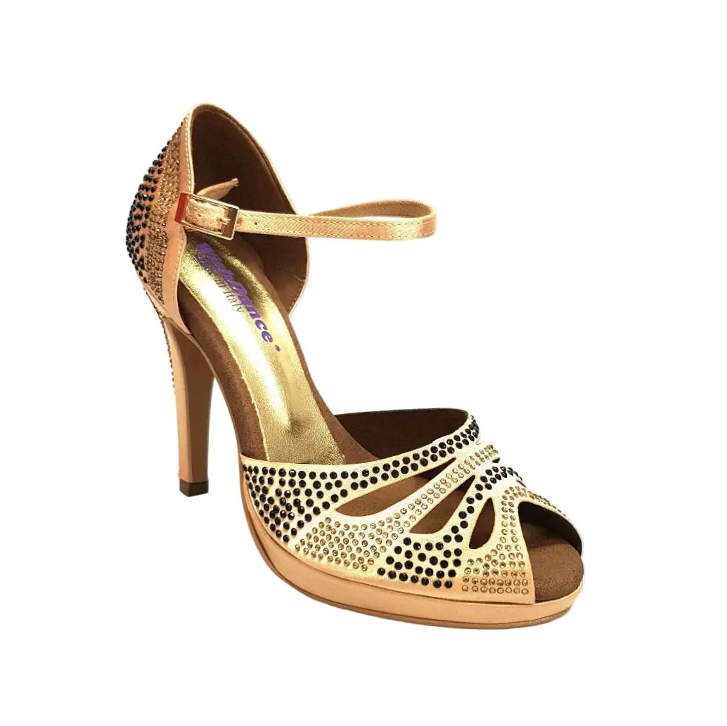 Scarpa da ballo Wish Dance Shop Alexa LP4 in raso carne con Swarovski champagne e neri, tacco alto, spillo largo e plateau comodo
