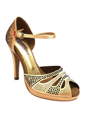 Carica immagine nella Galleria, Alexa (LP4) - Scarpa da Ballo in Raso Carne Flesh Con Swarovski Champagne e Neri con Tacco Alto Spillo Largo e Platò Confort Flex