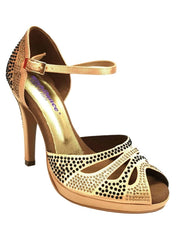 Carica immagine nella Galleria, Alexa (LP4) - Scarpa da Ballo in Raso Carne Flesh Con Swarovski Champagne e Neri con Tacco Alto Spillo Largo e Platò Confort Flex