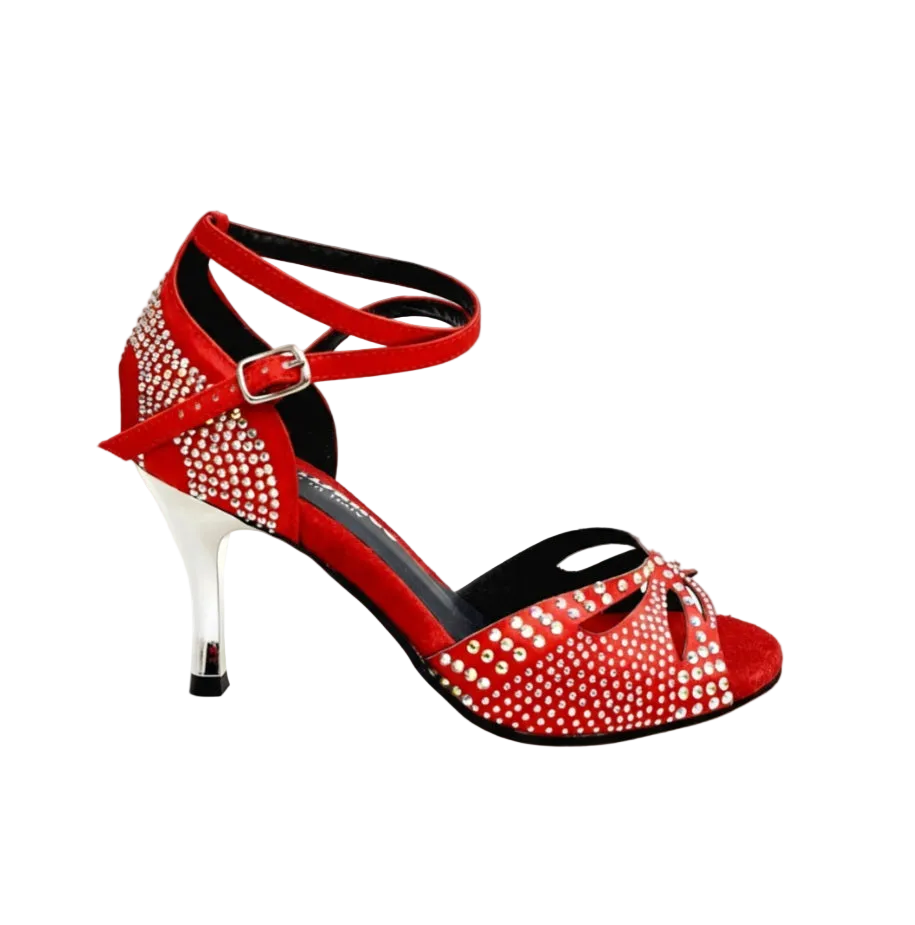 Scarpe da ballo Wish Dance Shop Deluxe Butterfly PW, in raso seta rosso con Swarovski boreali, tacco stiletto e spillo laminato argento