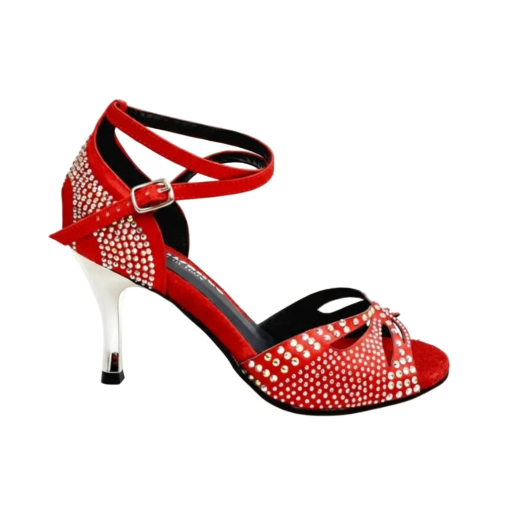 Scarpe da ballo Wish Dance Shop Deluxe Butterfly PW in raso seta rosso con Swarovski e tacco a spillo laminato argentato