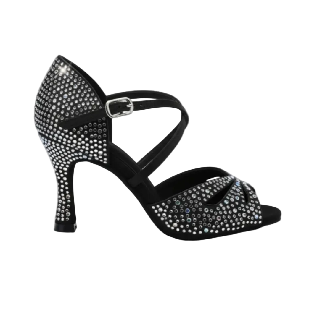 Scarpa da donna Flavia Dreams Deluxe Wish Dance Shop in raso nero con strass boreali e tacco a rocchetto, elegante e raffinata.