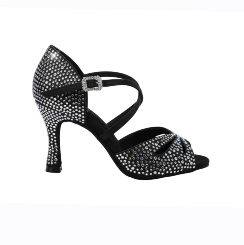 Scarpa da donna FLAVIA Dreams Deluxe in raso nero con strass boreali e tacco a rocchetto, elegante e scintillante.