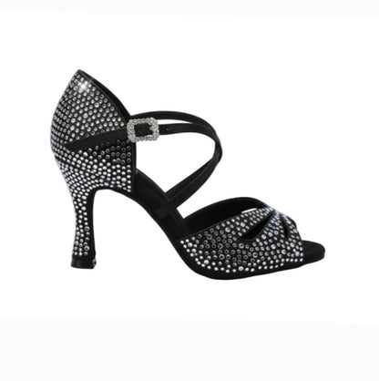 Scarpa da donna FLAVIA Dreams Deluxe in raso nero con strass boreali e tacco a rocchetto, elegante e scintillante.