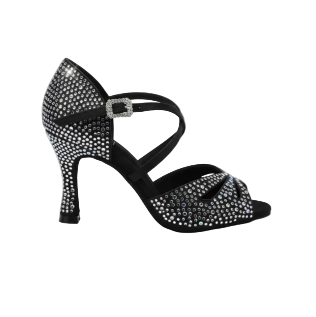 Scarpa da donna Flavia Dreams Deluxe in raso nero con strass boreali e tacco a rocchetto, ideale per ballo e occasioni eleganti