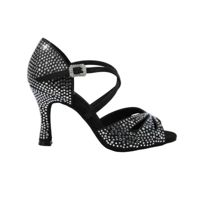 Scarpa da donna Flavia Dreams Deluxe in raso nero con strass boreali e tacco a rocchetto, ideale per ballo e occasioni eleganti