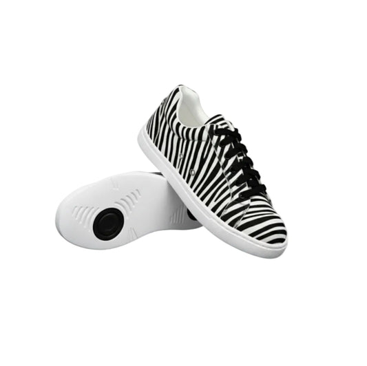Sneaker ATACA Zebry White Vortex in tessuto zebrato vegano con suola bianca in gomma e resina, dettagli neri pivot, stile confortevole.