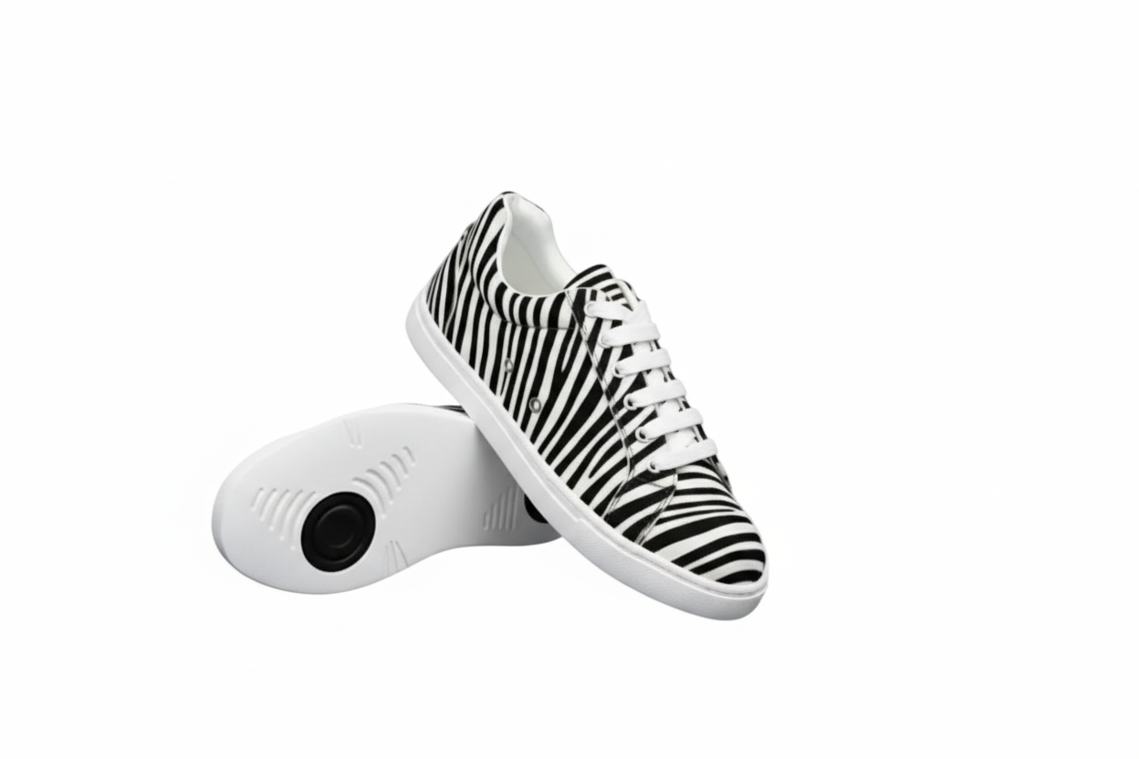 Sneaker Wish Dance Shop ATACA Zebry White Vortex in tessuto zebrato vegan, suola bianca in gomma e resina, dettagli neri pivot.