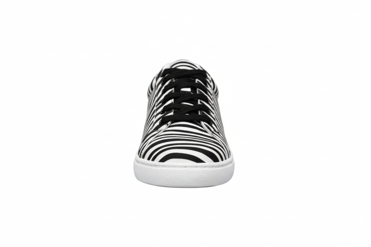 Sneaker ATACA Zebry White Vortex Wish Dance Shop in tessuto zebrato vegan con suola bianca, dettagli neri e design comodo e flessibile.