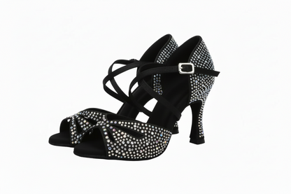 Scarpa da donna Wish Dance Shop FLAVIA Dreams Deluxe in raso nero con strass boreali e tacco a rocchetto, elegante e brillante.