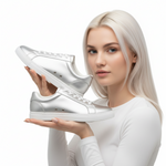 Carica immagine nella Galleria, Sneaker ecopelle silver ATACA Theia Vortex con suola bianca in gomma e resina, dettaglio pivot argento, comfort e flessibilità.
