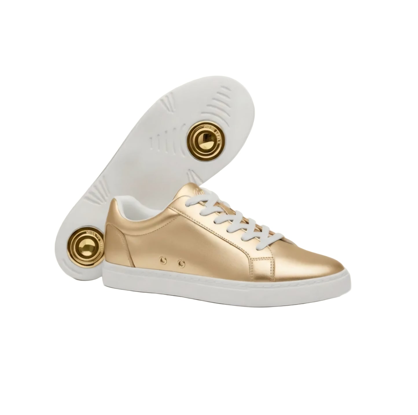Sneaker ecopelle dorata ATACA Gioele Vortex Wish Dance Shop con suola bianca in gomma e resina, dettaglio cerchi oro pivot.