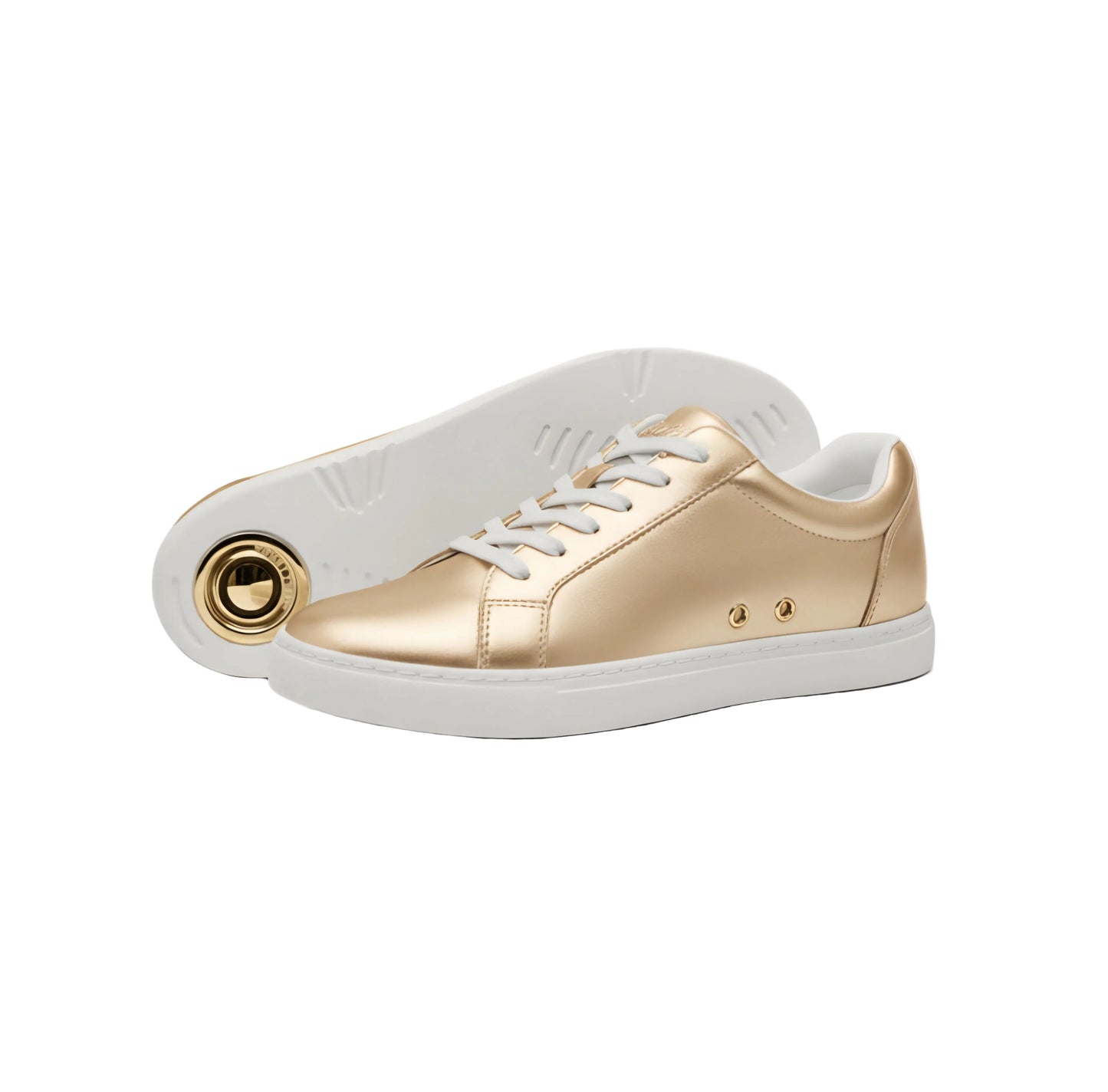 Sneaker ecopelle dorata ATACA Gioele Vortex con suola bianca, dettagli oro, design confort e materiale vegan, vista frontale.