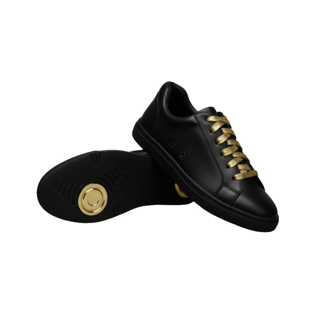 Sneaker ecopelle nera ATACA Versus Vortex con suola in gomma e resina, dettaglio pivot oro, comfort e stile vegan.