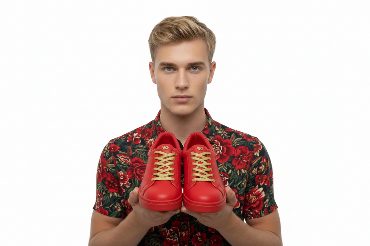 Sneaker ecopelle rossa ATACA Mercury Vortex Wish Dance con suola in gomma rossa e dettagli oro, comfort e stile vegano.