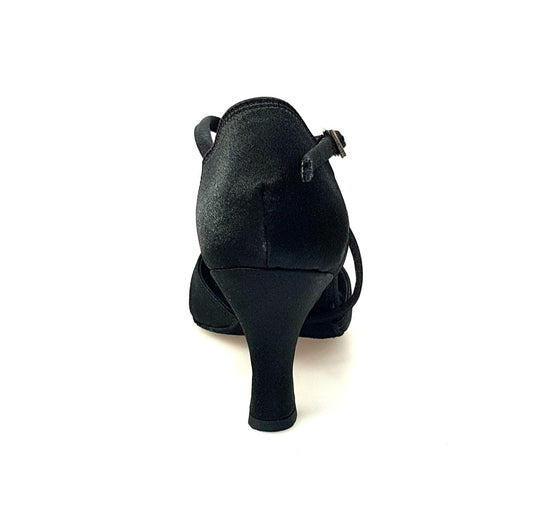 Scarpa donna Ely QC in raso seta nero con cinturino incrociato, tacco a rochetto e cuscino memorex, elegante e comoda.