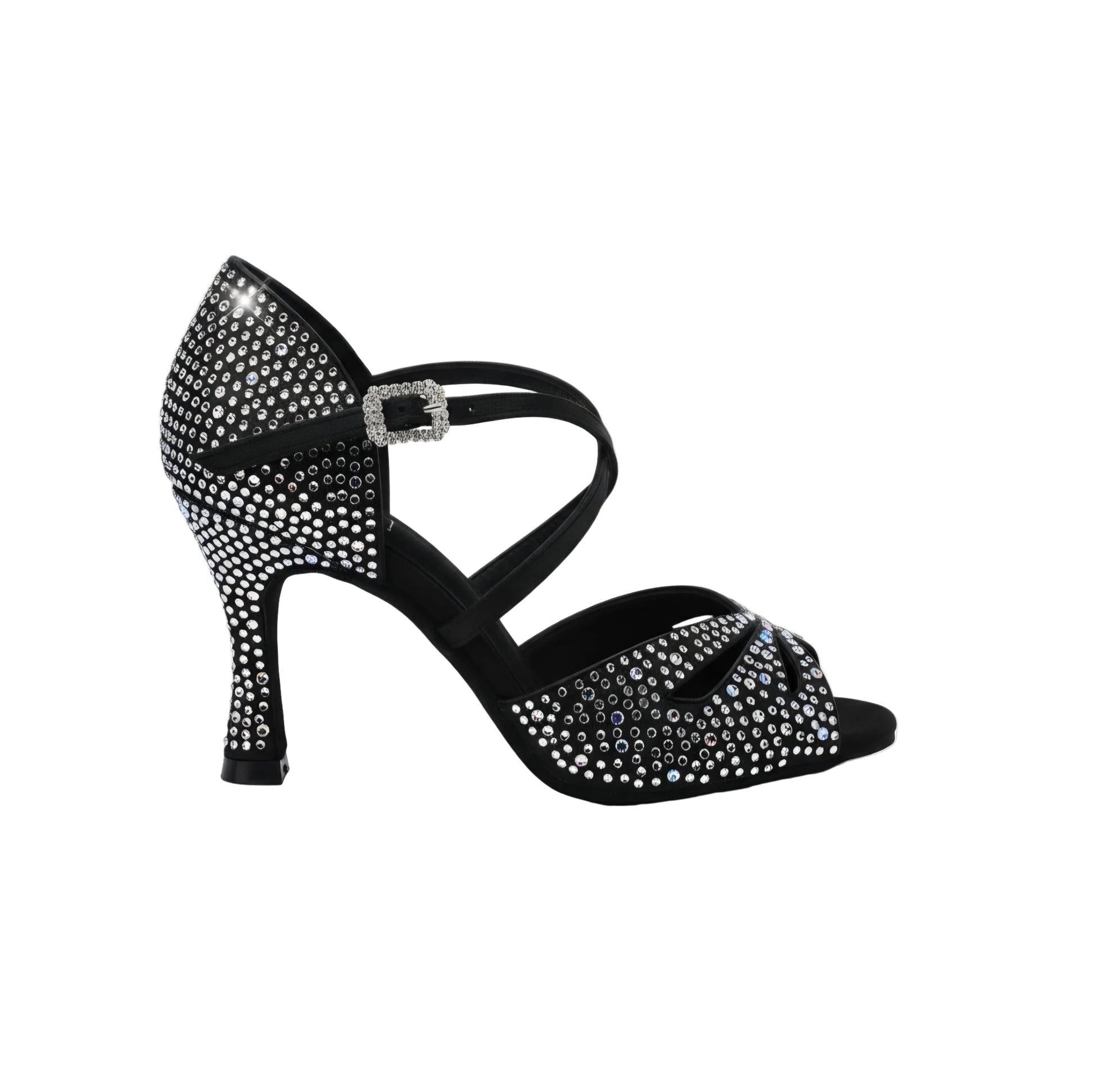 Scarpa da donna Flavia Dreams Deluxe in raso nero con strass boreali e tacco a rocchetto, elegante e brillante.