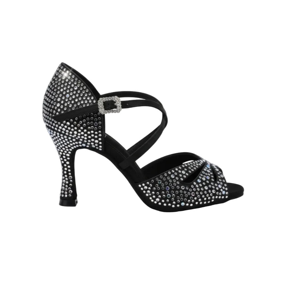 Scarpa da donna FLAVIA Dreams Deluxe in raso nero con strass boreali e tacco a rocchetto, perfetta per ballo elegante
