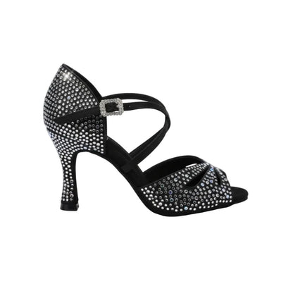 Scarpa da donna FLAVIA Dreams Deluxe in raso nero con strass boreali e tacco a rocchetto, perfetta per ballo elegante