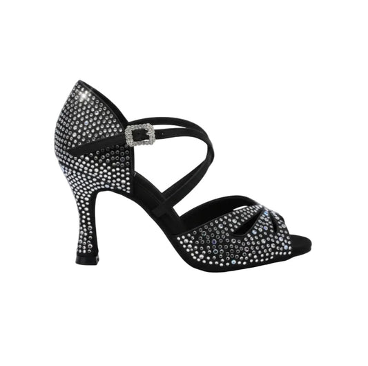 Scarpa da donna FLAVIA Dreams Deluxe in raso nero con strass boreali e tacco a rocchetto, perfetta per ballo elegante