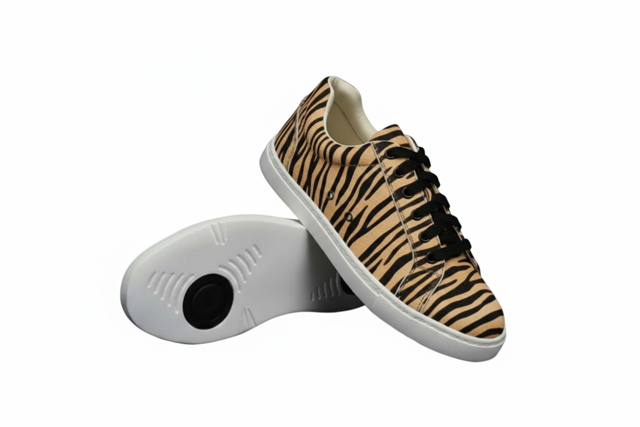 Sneaker ATACA Tiger Black Gold Vortex Wish Dance Shop con design tigre bengala beige, suola nera in gomma e resina, comfort leggero